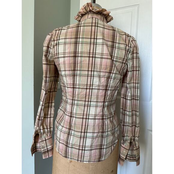 Lauren ralph lauren plaid ruffle front button down shirt peach cream S Petite - Picture 4 of 11